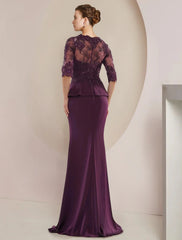 Aimishang  Mermaid / Trumpet Mother of the Bride Dress Formal Wedding Guest Luxurious Elegant V Neck Floor Length Lace Stretch Chiffon Half Sleeve with Beading Ruffles Appliques