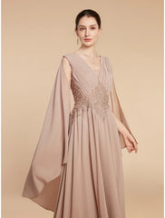 Aimishang  A-Line Mother of the Bride Dress Wedding Guest Elegant V Neck Ankle Length Chiffon Lace Sleeveless with Ruching Solid Color