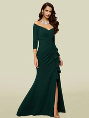 Aimishang  Mermaid / Trumpet Mother of the Bride Dress Wedding Guest Elegant Sexy Off Shoulder V Neck Court Train Stretch Fabric 3/4 Length Sleeve with Draping Split Front Fall