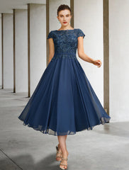 A-Line Mother of the Bride Dress Luxurious Elegant Jewel Neck Tea Length Chiffon Lace Cap Sleeve with Pleats Appliques
