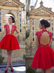 Tulle A-line Sleeves Short/Mini With Lace Red Dresses