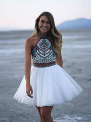 Tulle Halter Sleeveless A-line Short/Mini With Applique Dresses
