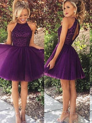 Tulle Halter Sleeveless A-line Short/Mini With Beading Prom Dresses