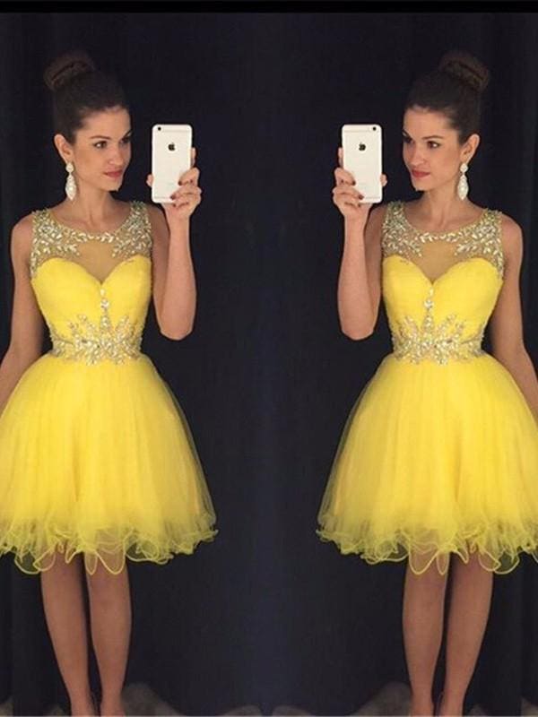 Tulle Scoop Sleeveless A-line Short/Mini Dresses With Beading