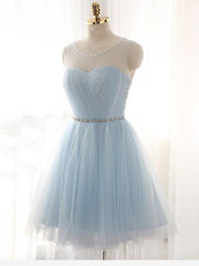Tulle Scoop Sleeveless A-line Short/Mini With Beading Prom Dresses