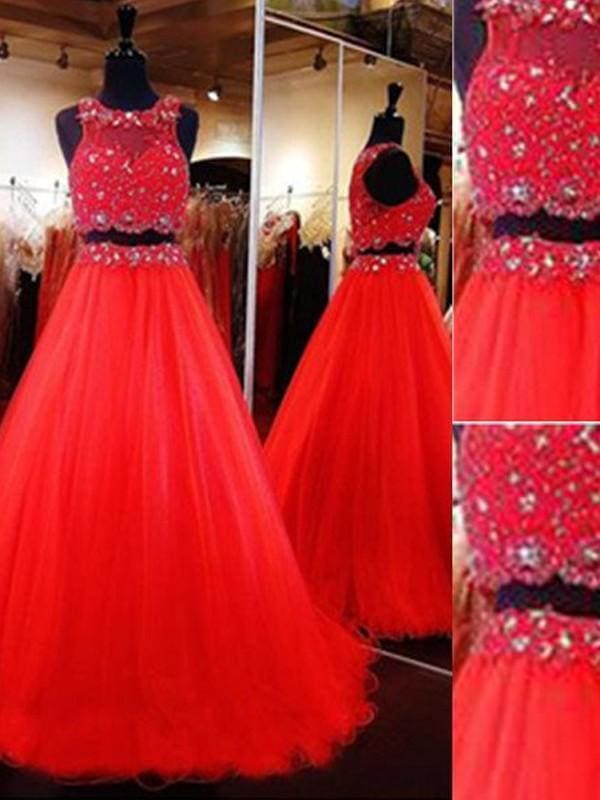 Tulle Scoop Sleeveless Floor-Length With Beading Two Piece Dresses