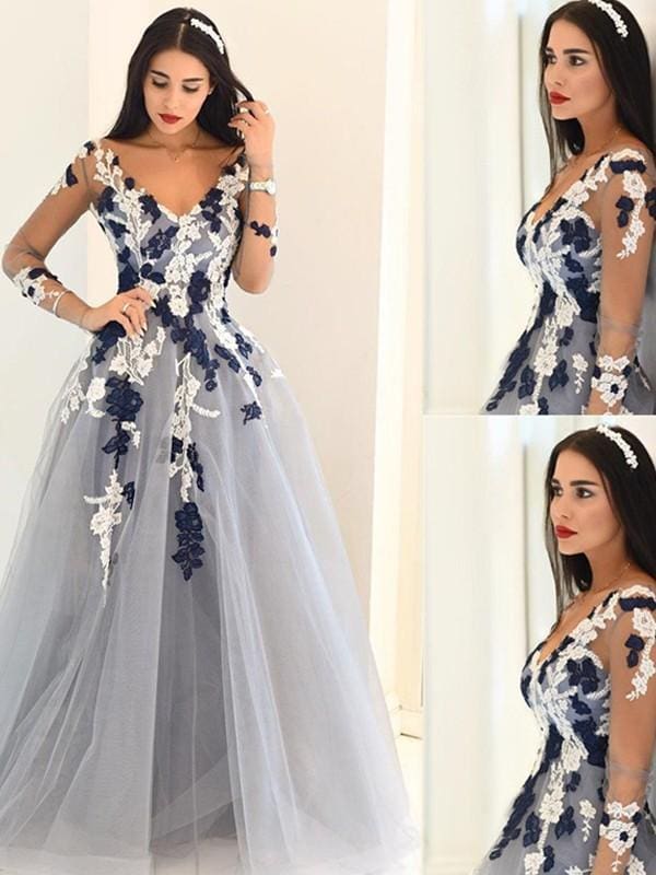 Tulle V-Neck Long A-line Sleeves Floor-Length With Applique Dresses