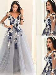 Tulle V-Neck Long A-line Sleeves Floor-Length With Applique Dresses