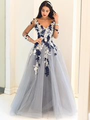Tulle V-Neck Long A-line Sleeves Floor-Length With Applique Dresses