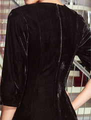A-Line Black Dress Vintage Wedding Guest Formal Evening Floor Length 3/4 Length Sleeve Jewel Neck Velvet with Pleats