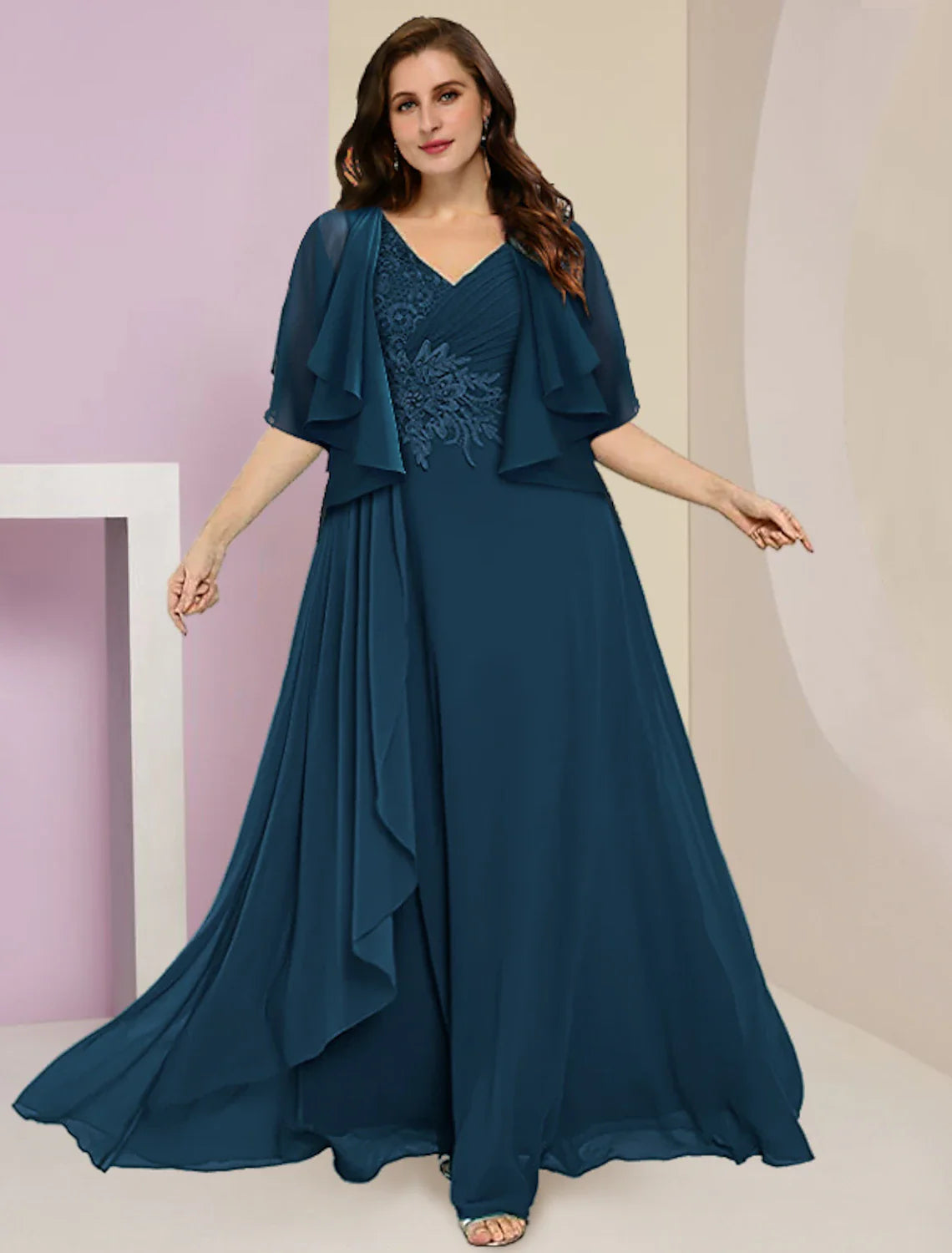 Two Piece A-Line Mother of the Bride Dress Formal Wedding Guest Plus Size Elegant V Neck Floor Length Chiffon Lace Sleeveless with Ruched Appliques