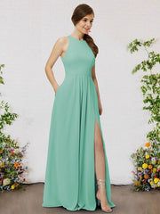 A-Line Bridesmaid Dress V Neck Sleeveless Elegant Floor Length Chiffon with Pleats / Split Front