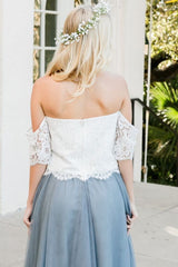 Two Floor Length Prom with Lace 2 Piece Off Shoulder Tulle Bridesmaid Dress