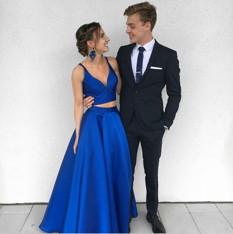 2 Piece royal Blue Prom Dresses satin Evening Dresses