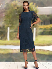 Aimishang  Sheath / Column Mother of the Bride Dress Wedding Guest Elegant Jewel Neck Tea Length Lace Short Sleeve with Solid Color