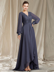 Aimishang A-Line Mother of the Bride Dress Elegant High Low V Neck Sweep / Brush Train Asymmetrical Tea Length Chiffon Lace Long Sleeve with Pleats Appliques