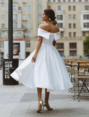 Aimishang Simple Wedding Dresses Satin Little White Dresses A-Line Off Shoulder Formal Short Sleeve Tea Length Bridal Gowns With Solid Color