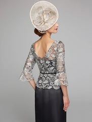 Aimishang Sheath / Column Mother of the Bride Dress Jewel Neck Floor Length Satin Lace 3/4 Length Sleeve with Lace