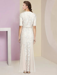 Aimishang Two Piece A-Line Mother of the Bride Dress Formal Wedding Guest Elegant Winter With Jacket Half Sleeve V Neck Ankle Length Chiffon Lace Pleats Appliques