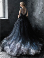 Ball Gown Black Wedding Dress Gothic Quinceanera Dresses Color Block Dress Sweep / Brush Train Sleeveless V Neck Tulle V Back with Pleats Appliques