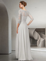 Aimishang A-Line Mother of the Bride Dress Elegant High Low Jewel Neck Sweep / Brush Train Asymmetrical Chiffon Lace 3/4 Length Sleeve with Pleats Appliques