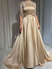 A-Line Evening Gown Elegant Dress Masquerade Black Tie Floor Length Short Sleeve High Neck The Great Gatsby Satin with Fringe Tassel Appliques