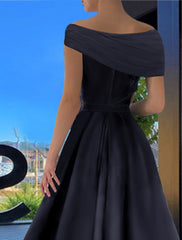 Aimishang A-Line Prom Dresses Black Dress Formal Wedding Party Floor Length Short Sleeve Off Shoulder Satin with Ruched Slit