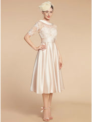 Aimishang  A-Line Mother of the Bride Dress Wedding Guest Elegant Petite Scoop Neck Knee Length Satin Lace Half Sleeve with Appliques Ruching Solid Color