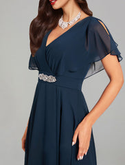 A-Line Wedding Guest Dresses Elegant Dress Cocktail Party Church Tea Length Short Sleeve V Neck Belt / Sash Chiffon with Crystals 2025