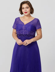 Aimishang Princess Mother of the Bride Dress Elegant & Luxurious Glamorous & Dramatic Plus Size V Neck Floor Length Organza Short Sleeve No with Pleats Beading Appliques