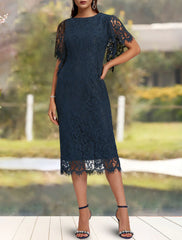 Aimishang  Sheath / Column Mother of the Bride Dress Wedding Guest Elegant Jewel Neck Tea Length Lace Short Sleeve with Solid Color