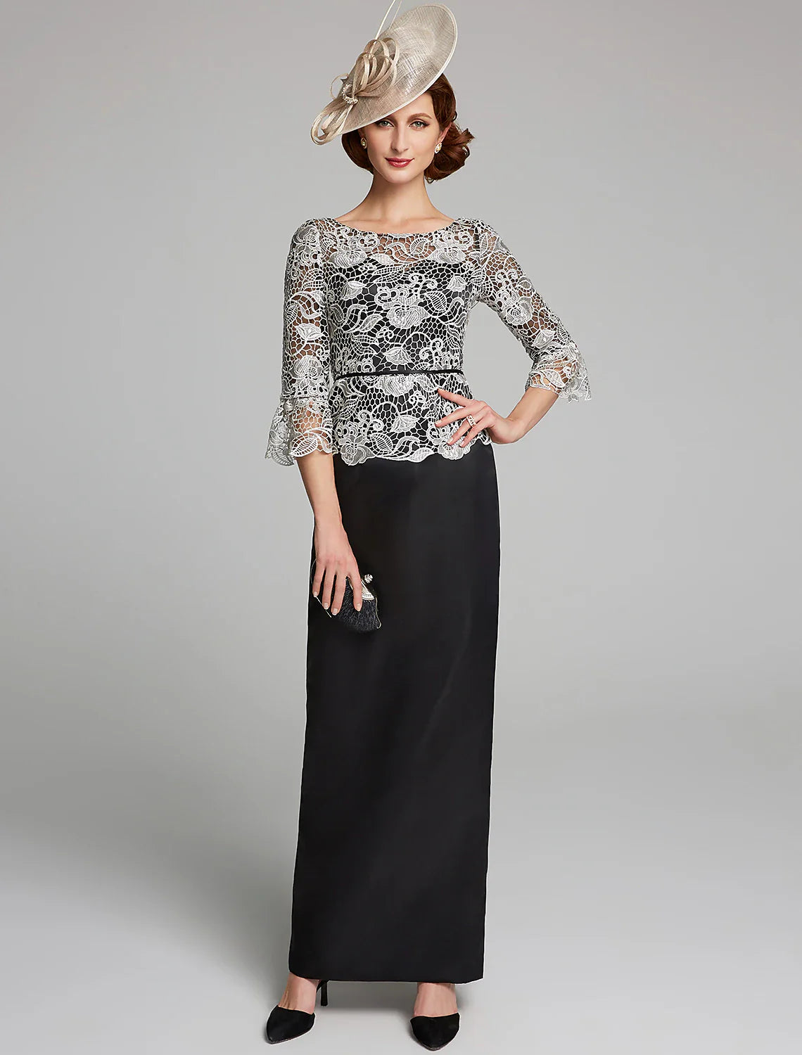 Aimishang Sheath / Column Mother of the Bride Dress Jewel Neck Floor Length Satin Lace 3/4 Length Sleeve with Lace