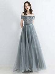 Prom Dresses Engagement Floor Length Short Sleeve off Shoulder Tulle Sash Ribbon Beading