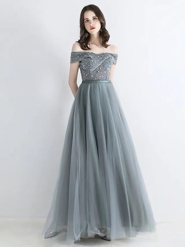 Prom Dresses Engagement Floor Length Short Sleeve off Shoulder Tulle Sash Ribbon Beading