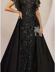 Aimishang  A-Line Mother of the Bride Dress Wedding Guest Elegant Scoop Neck Floor Length Chiffon Lace Sequined Short Sleeve with Sequin Ruching Solid Color