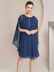 Aimishang A-Line Mother of the Bride Dress Wedding Guest Elegant Petite Jewel Neck Knee Length Chiffon Long Sleeve with Crystals Ruffles