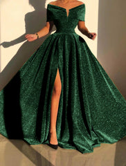 A-Line Evening Gown Sparkle & Shine Dress Formal Fall Court Train Sleeveless Off Shoulder Sequined with Sequin Slit