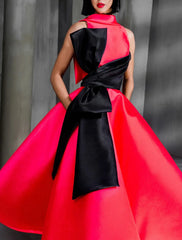 Ball Gown Color Block Celebrity Style Elegant Prom Formal Evening Birthday Dress Christmas Red Green Dress High Neck Sleeveless Ankle Length Satin with Bow(s) 2025