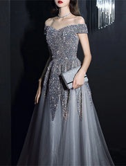 A-Line Prom Dresses Elegant Dress Formal Wedding Guest Floor Length Short Sleeve Off Shoulder Polyester with Sequin