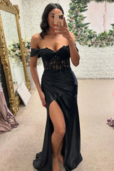Off The Shoulder Tight Long Prom Dress Black Ruched
