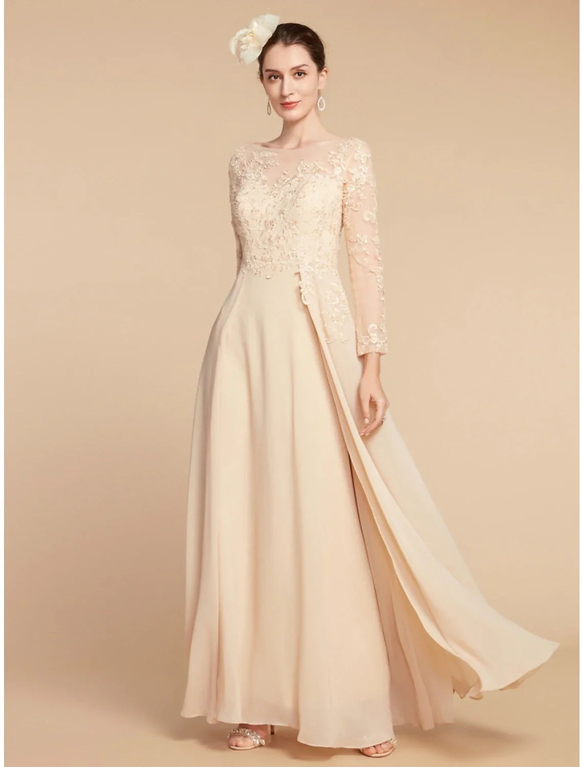 Aimishang  A-Line Mother of the Bride Dress Wedding Guest Elegant Jewel Neck Ankle Length Chiffon Lace Long Sleeve with Ruching Solid Color