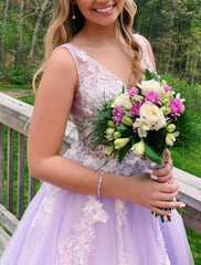 Ball Gown A-Line Prom Dresses Color Block Dress Formal Floor Length Sleeveless V Neck Tulle BacklessBack with