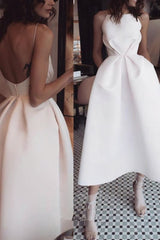 Unique Tea Length Satin Party Spaghetti Straps Backless Prom Dress