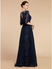 Aimishang  A-Line Mother of the Bride Dress Formal Wedding Guest Elegant Party Scoop Neck Floor Length Chiffon Lace 3/4 Length Sleeve with Sequin Appliques