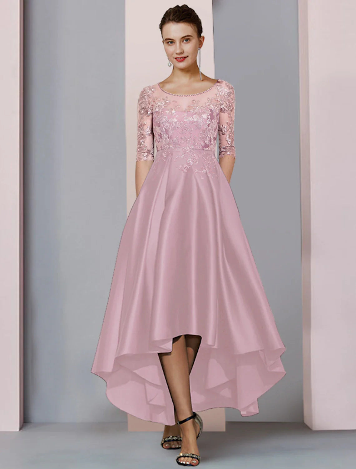 Aimishang  A-Line Mother of the Bride Dress Formal Wedding Guest Party Elegant High Low Scoop Neck Asymmetrical Tea Length Satin Lace Half Sleeve with Pleats Beading Appliques