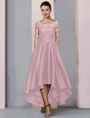 Aimishang  A-Line Mother of the Bride Dress Formal Wedding Guest Party Elegant High Low Scoop Neck Asymmetrical Tea Length Satin Lace Half Sleeve with Pleats Beading Appliques