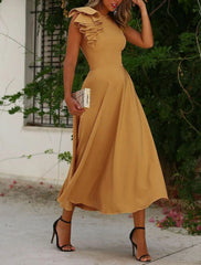 A-Line Cocktail Dresses Minimalist Dress Homecoming Wedding Guest Ankle Length Sleeveless Jewel Neck Fall Wedding Guest  Fabric with Ruffles Pure Color
