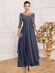 Sheath / Column Mother of the Bride Dress Wedding Guest Simple Elegant Jewel Neck Ankle Length Chiffon Lace 3/4 Length Sleeve with Pleats Sequin