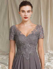 Aimishang  A-Line Mother of the Bride Dress Fall Wedding Guest Plus Size Elegant High Low V Neck Tea Length Chiffon Lace Short Sleeve with Pleats Appliques