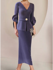 Wholesa A-Line Mother of the Bride Dress Wedding Guest Elegant V Neck Ankle Length Stretch Fabric Half Sleeve with Crystal Brooch Ruching